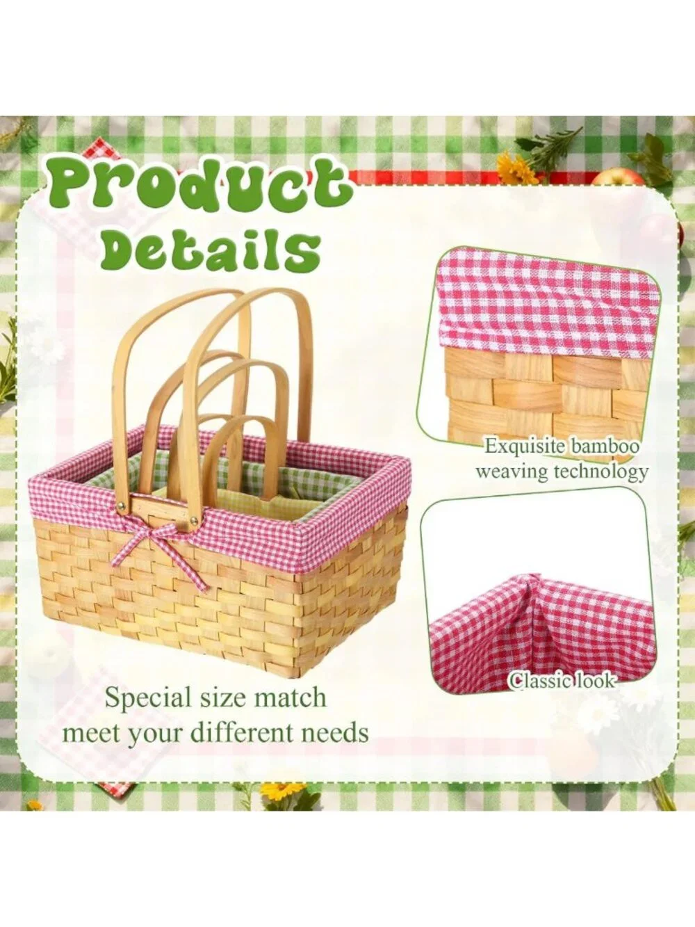Set of 3 Picnic Baskets with Handles - Rustic Woven, Gingham Liner, Perfect for